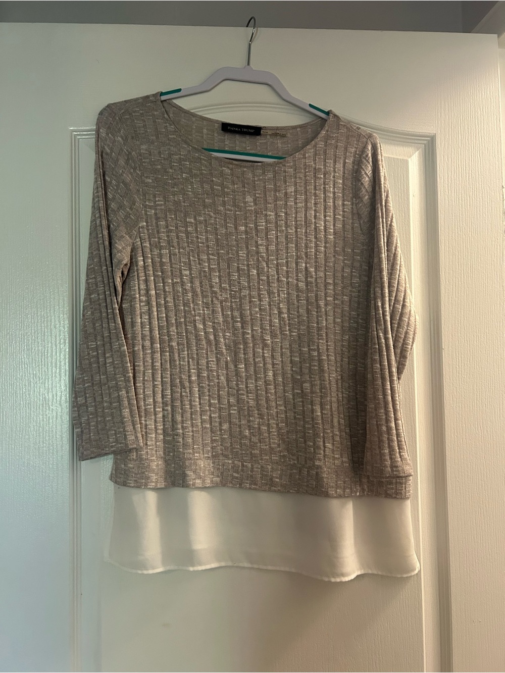 Ivanka Trump Taupe Ribbed Long-Sleeve Top with Cream Sheer Hemline